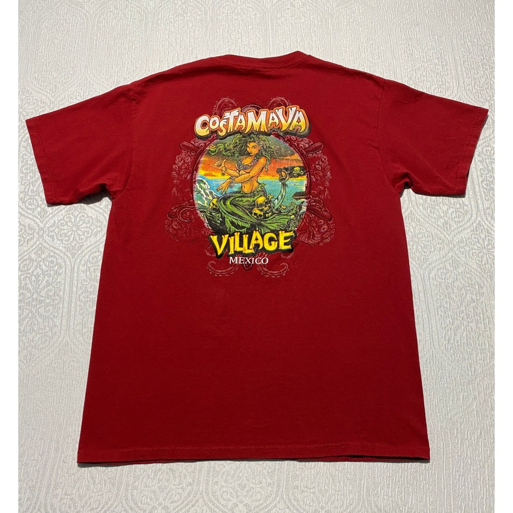 Yazbek Costa Maya Mexico Village‎ Red Graphic T-Shirt Mens Large Mermaid Skulls